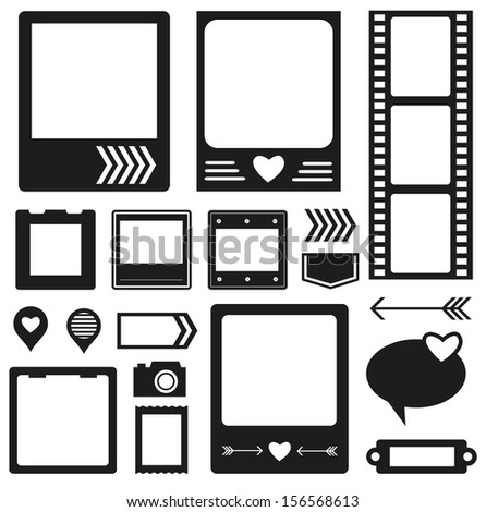Raster silhouette scrapbook elements: photo frame, ribbon, arrow and tag collection for you design or scrapbooking