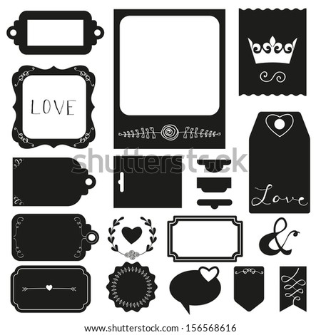 Silhouette scrapbook elements: photo frame, ribbon and tag collection for you design or scrapbook. Raster Illustration.