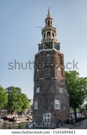 The Munttoren clock tower in City of Amsterdam, Holland, Netherlands