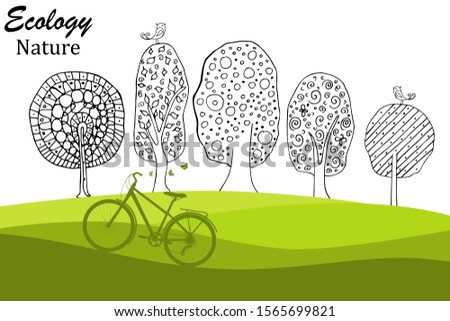Bicycle on green grass. Doodles. Drawn black and white logo in doodle style. Hand. Environmentally friendly world. Birds. Handmade. Vector illustration of ecology. Background. Trees. 