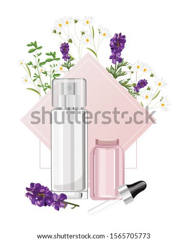 Cosmetic products spray bottle and glass with dropper with place for brand. Chamomile and lavender flowers. Pink color. Natural healthcare vector