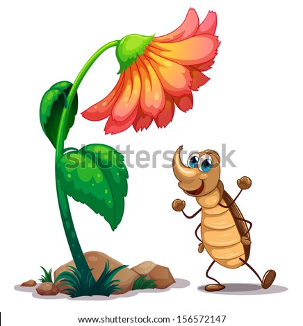 Illustration of an ant dancing below the big flower on a white background 