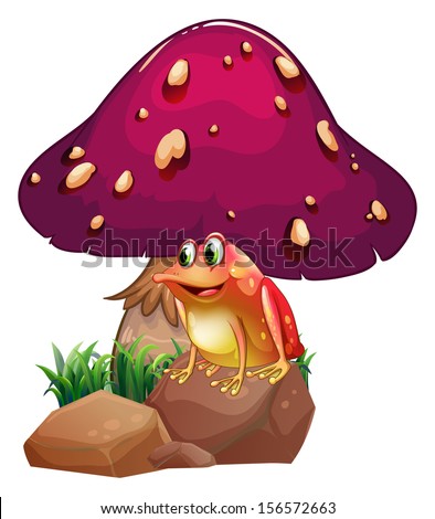 Illustration of a frog below the giant mushroom on a white background 