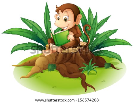Illustration of a monkey reading above a stump
