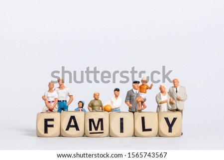 Little doll toy in the words family on white background, people background .concept 