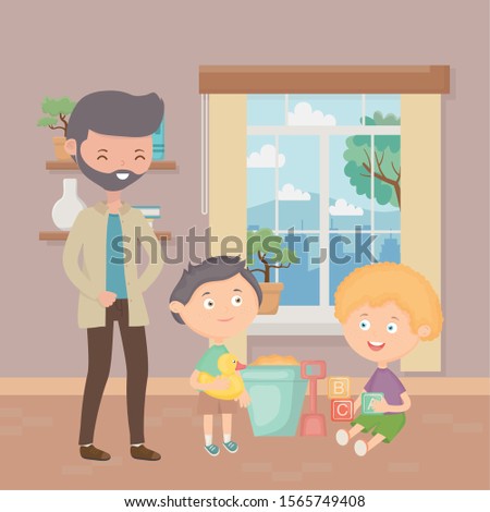 man and boys with toys in the room home vector illustration