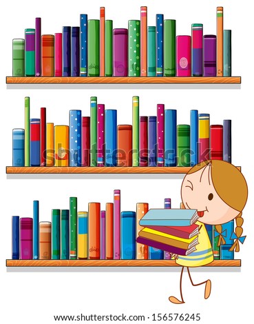 Illustration of a little girl in the library on a white background