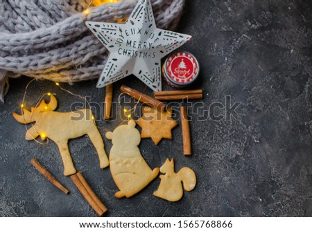 Homemade Christmas cookies with Christmas decorations on dark background. Place for text. 