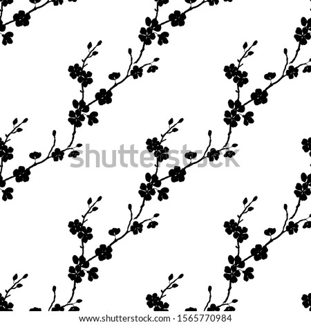 Silhouette of branches of a black cherry. Seamless pattern. Vector illustration.