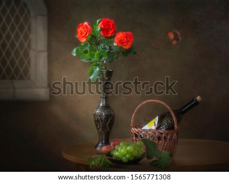 Bouquet of roses in a vase on wooden table