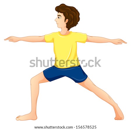 Illustration of a man wearing a yellow tshirt performing yoga on a white background 