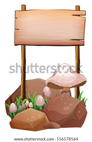 Illustration of an empty wooden signage near the rocks and mushroom plants on a white background 