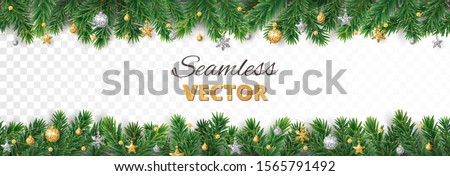 Vector Christmas decoration isolated on white background. Seamless holiday border, frame with gold and silver ornaments. Pine tree branches. For celebration banners, headers, posters. Royalty-Free Stock Photo #1565791492