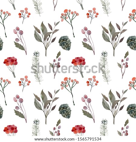 Hand drawn floral winter seamless pattern with christmas tree branches and berries. Watercolor illustration background