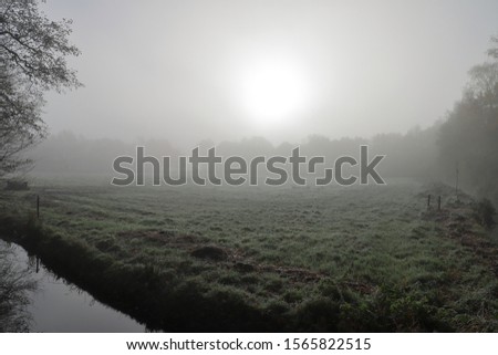 A wonderful picture of a dutch stream landscape on a moody morning with fog in wintertime.