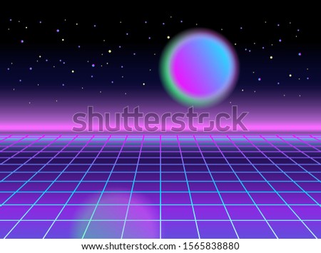 Glowing sphere. Retrowave, synthwave, rave, vapor party background. Light grid landscape. Yesterday’s tomorrow. Trendy retro 80s, 90s style. Black, purple, pink, blue colors. Banner, print, wallpaper