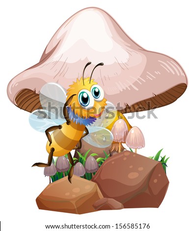 Illustration of a bee near the mushrooms on a white background