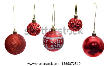 set of five Christmas tree red balls isolated white close-up