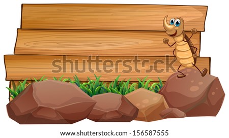 Illustration of a cockroach above a rock with an empty wooden signboard at the back on a white background 