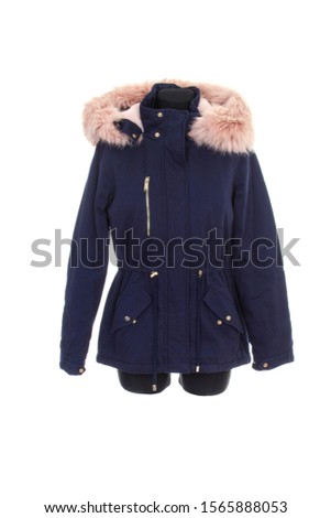 blue parka jacket with fur on a hood isolated on white background. warm parka jacket with fur lining