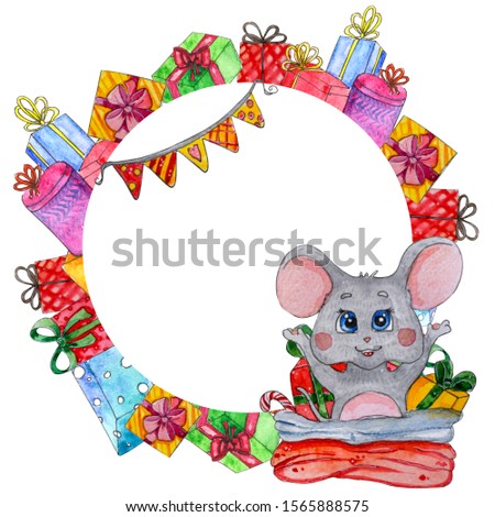 Hand painted Watercolor characters mouse frame with place for text. Cute Christmas mouse with present boxes. Isolated wreath on white background for invitation, design, print, card,poster