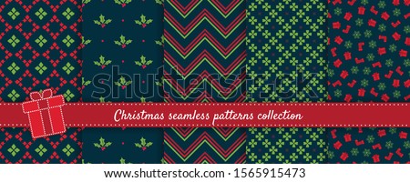 Christmas seamless patterns collection. Vector set of winter holiday background swatches. Cute modern colorful abstract textures with snowflakes, mistletoe, gifts, nordic ornaments. Elegant design