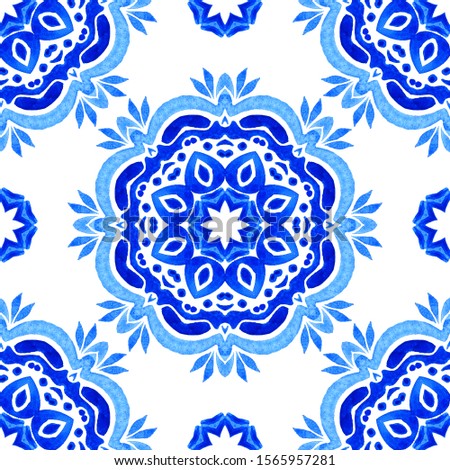 Abstract blue and white hand drawn tile seamless ornamental watercolor mandala paint pattern. Elegant luxury texture for fabric and wallpapers, backgrounds and page fill.