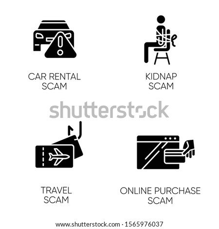 Scam types glyph icons set. Car rental, online purchase fraudulent scheme. Kidnap, travel trick. Cybercrime. Financial scamming. Illegal money gain. Silhouette symbols. Vector isolated illustration