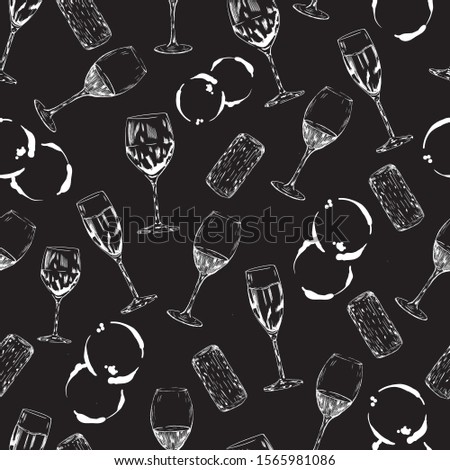 wine glasses, wine, drink, smears , cork, alcohol white seamless pattern on black background. Concept for menu, cards 