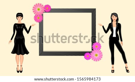 Two young business womans in a black clothes presents blank wood piture frame whith flowers, full length, front view. Beauty slim girls isolated on a background. Vector illustration stock.
