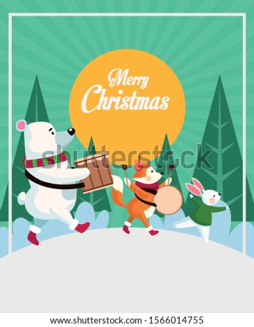 merry christmas card with animals playing instruments vector illustration design