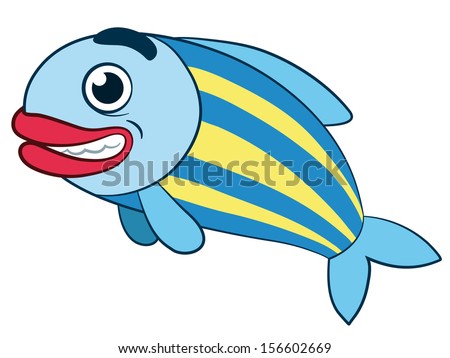 Cartoon illustration of a cute happy grinning fish with red lips showing white teeth and a striped blue and yellow body isolated on white