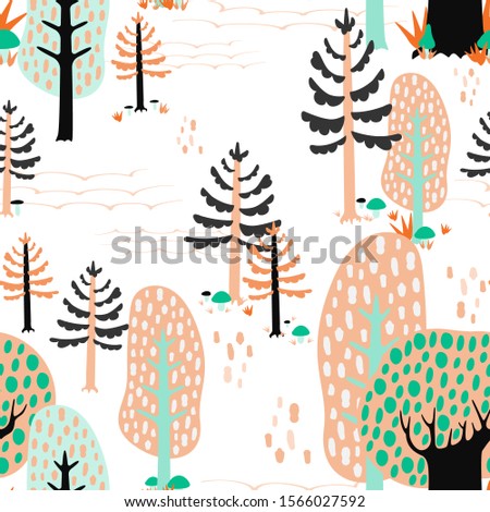 Seamless pattern with simple cute cartoon trees. Vector illustration