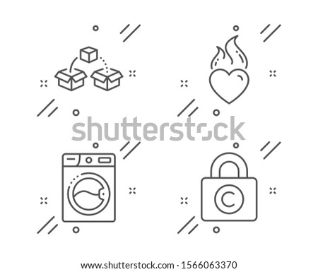 Washing machine, Heart flame and Parcel shipping line icons set. Copyright locker sign. Laundry, Love fire, Send box. Private information. Line washing machine outline icon. Vector