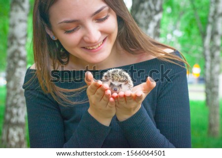 Portrait of a pretty woman with a hedgehog in her hands. Beautiful girl posing with a hedgehog. A man with a rodent.