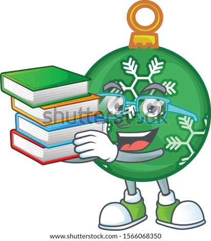 Cartoon green christmas ball with mascot student bring book