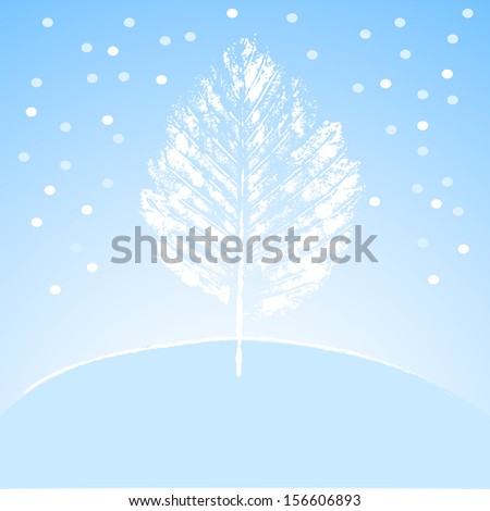 Lonely white winter tree on the hill in blue and white, vector illustration