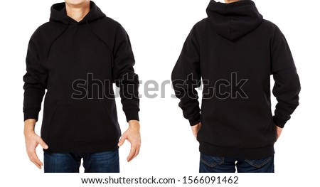 Man hoody set, black hoody front and back view, hood mock up. Empty male hoody copy space. Front and rear background Royalty-Free Stock Photo #1566091462