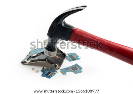 cyber security - computer hard disk drive destruction with a hammer