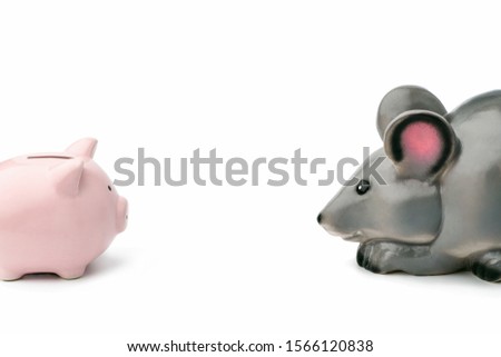 Banner. Rat and mouse.  Gray mouse piggy Bank stands in front of pink piggy Bank on white isolated background. Two symbols of the years 2019 and 2020