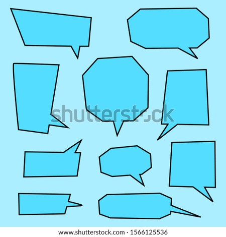 blank blue speech bubbles set with black border isolated on light blue color background. vector illustration