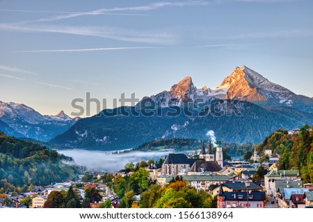 The city of Berchtesgaden and Mount Watzmann in the Bavarian Alps  Royalty-Free Stock Photo #1566138964