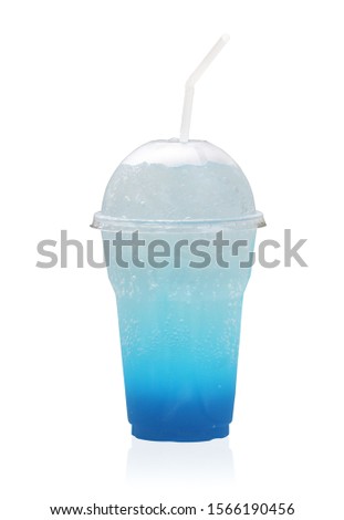 Blue soda in Plastic glass 16 oz with straw , Italian Blue soda  on white  background