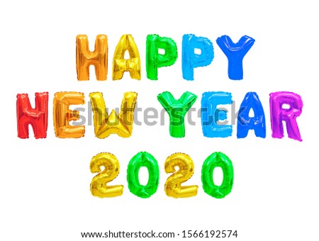 Word happy new year 2020 in english alphabet from colors (rainbow) balloons on a white background. holidays and education.