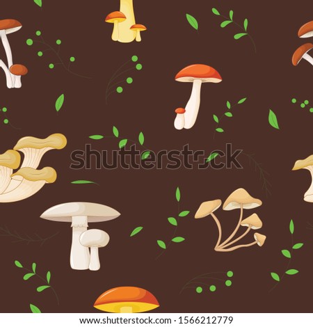 Seamless pattern with mushrooms on a dark background in cartoon style.