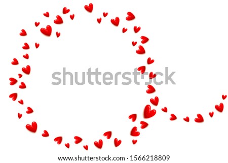Set of red hearts isolated on white color background and copy space. circle made with little red heart ornaments.Flat lay.