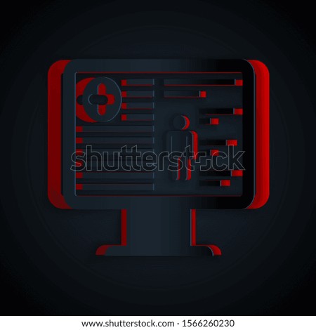 Paper cut Medical clinical record on monitor icon isolated on black background. Health insurance form. Prescription, medical check marks report. Paper art style. Vector Illustration