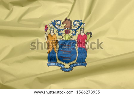 Crease of New New Jersey flag background, the states of America. The state coat of arms on buff color. Two women represent the goddesses of Liberty and Agriculture.