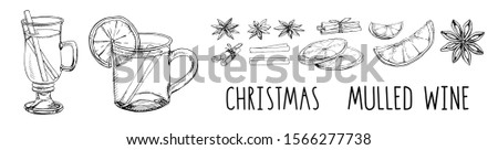 Set of hand drawn vector elements isolated on white. Mulled wine with spices and citrus fruit. Traditional winter alcoholic beverage. Popular Christmas cocktail. Menu decoration. Modern lettering