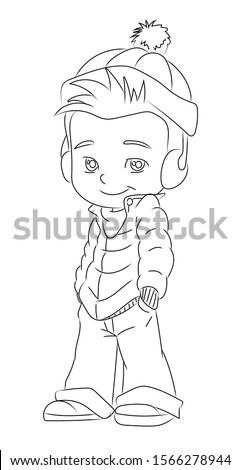 A smiley boy wearing winter clothes - coloring page